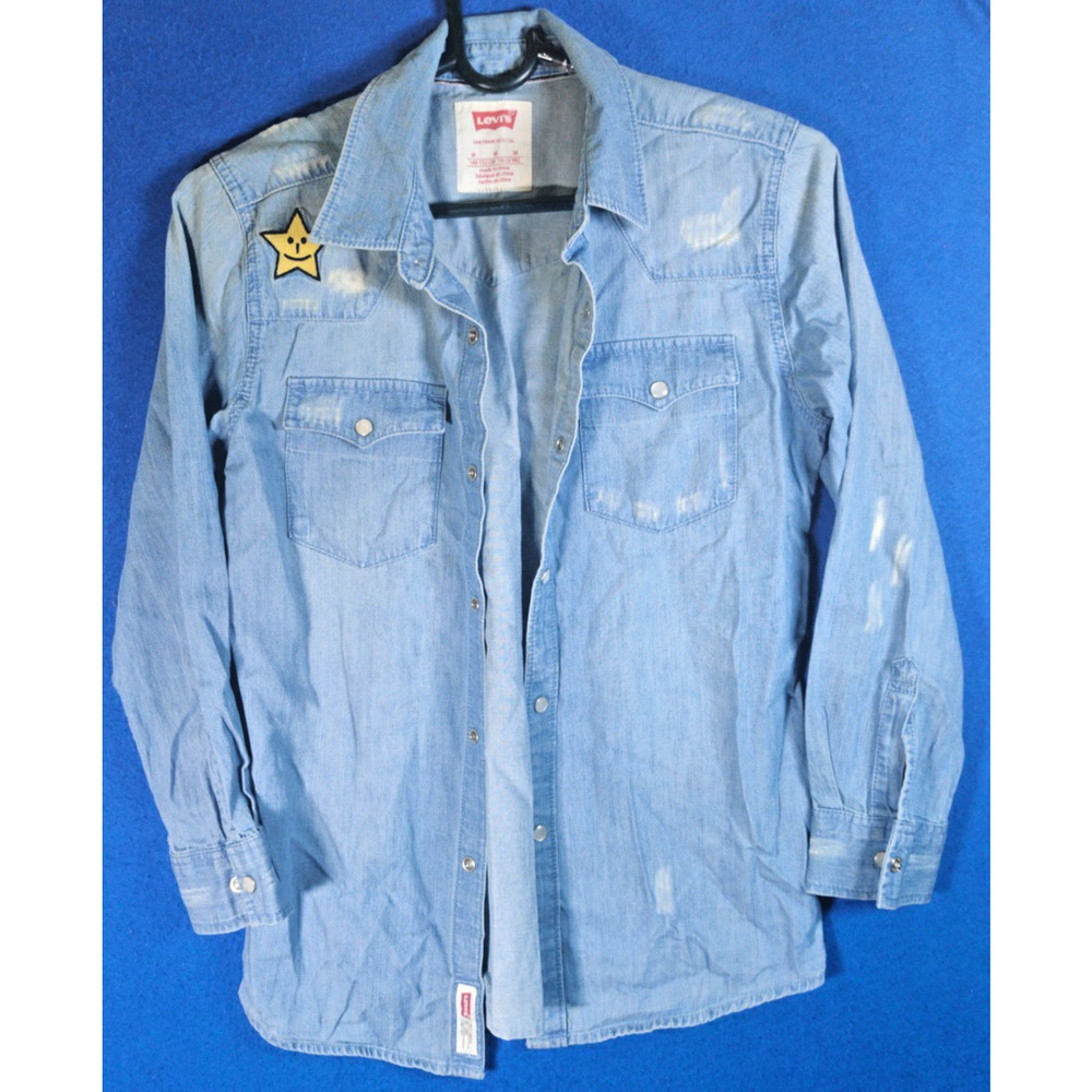 Levi's Boys Medium 10-12 Blue Denim Western Pearl Snap Long Sleeve Shirt Star